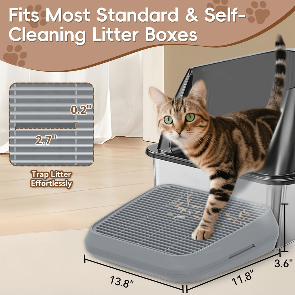 Cat Litter Box Ramp with Removable Trapping Grid, Dark Gray ABS Litter Collection Step, Washable Non-Slip Tray for Indoor Cat Cleanup