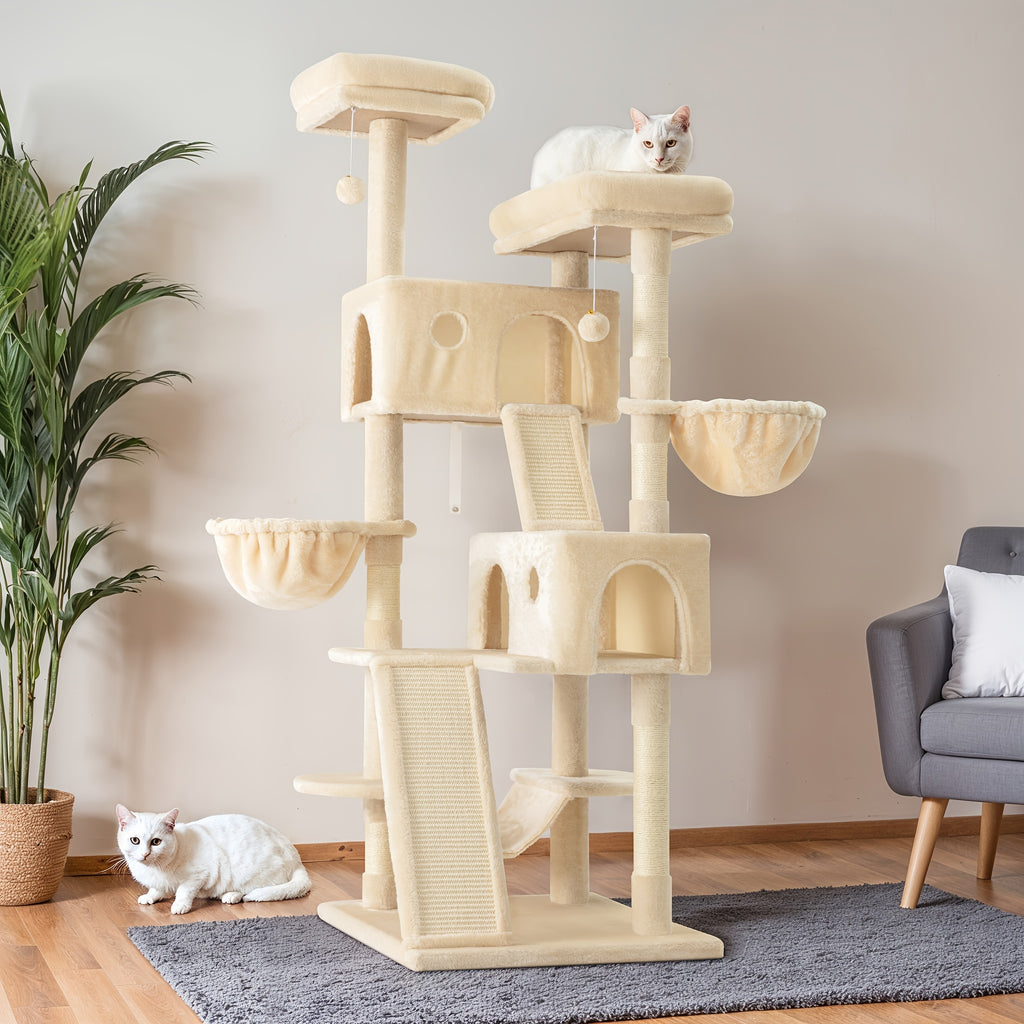 65 Inch Cat Tree Tower for Indoor Cats, Multi-Level Plush Cat Condo with Basket Beds, Hammock, Sisal Scratching Posts and Wide Base, Six Color Options
