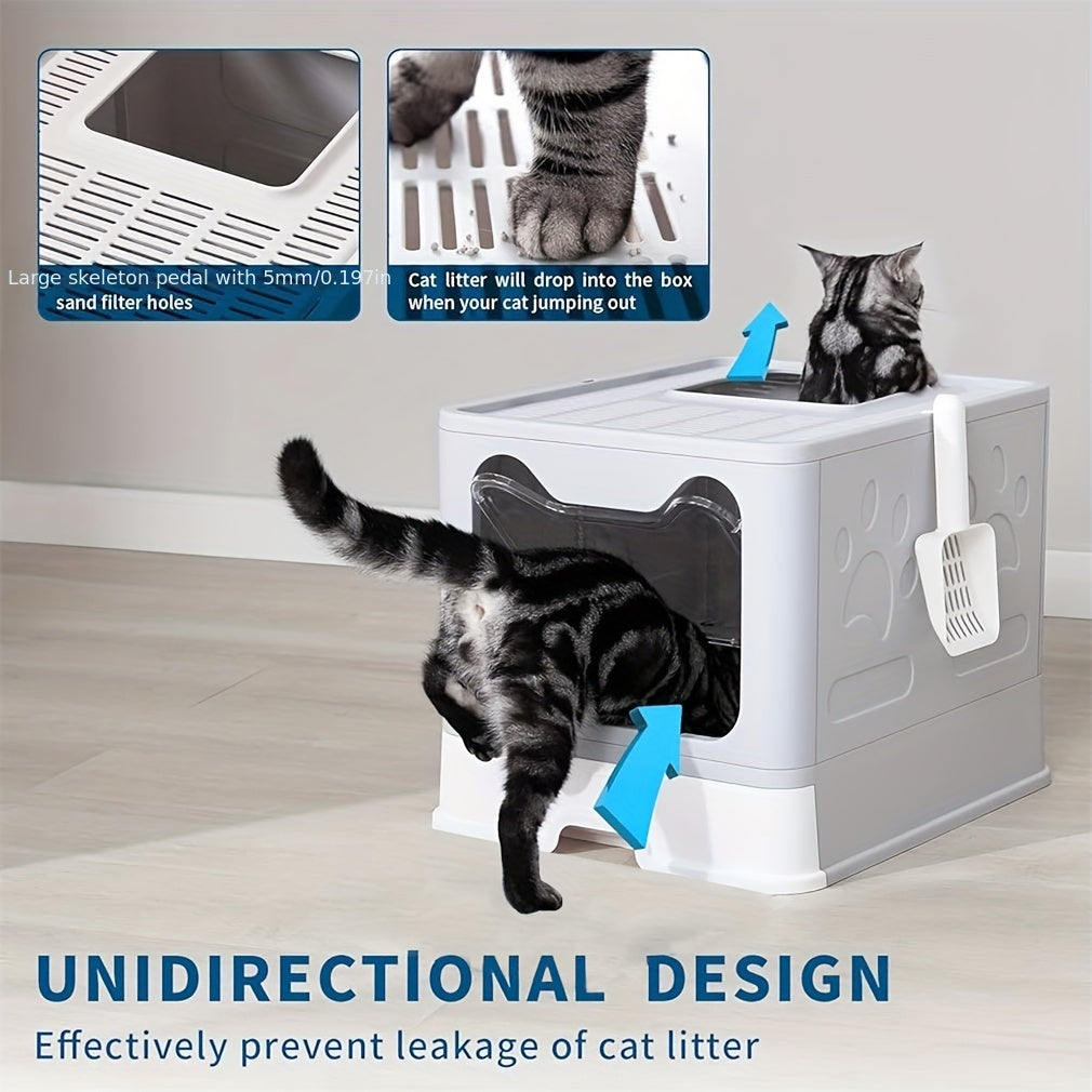 Foldable Cat Litter Box with Drawer Tray and Scoop, Large Plastic Top-Entry Kitty Toilet with Perforated Lid for Indoor Cat Potty Care