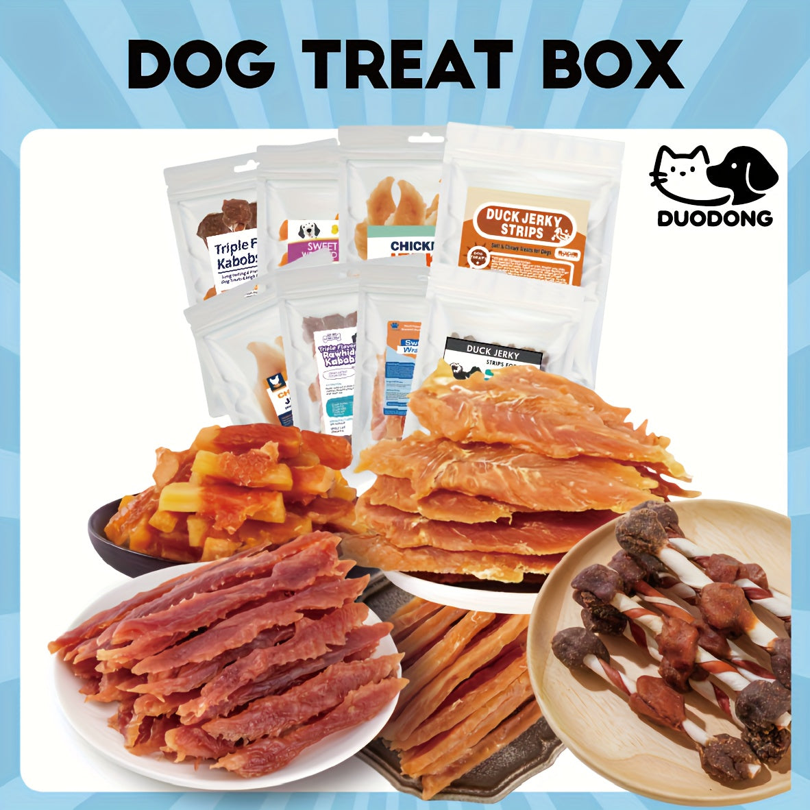 Dog Training Treats Grain Free Variety Pack, 2 Bags 7.05 oz with Triple Flavor Kabobs, Chicken Jerky, Duck Strips or Chicken Potato, High Protein Rewards for Puppies and Adult Dogs