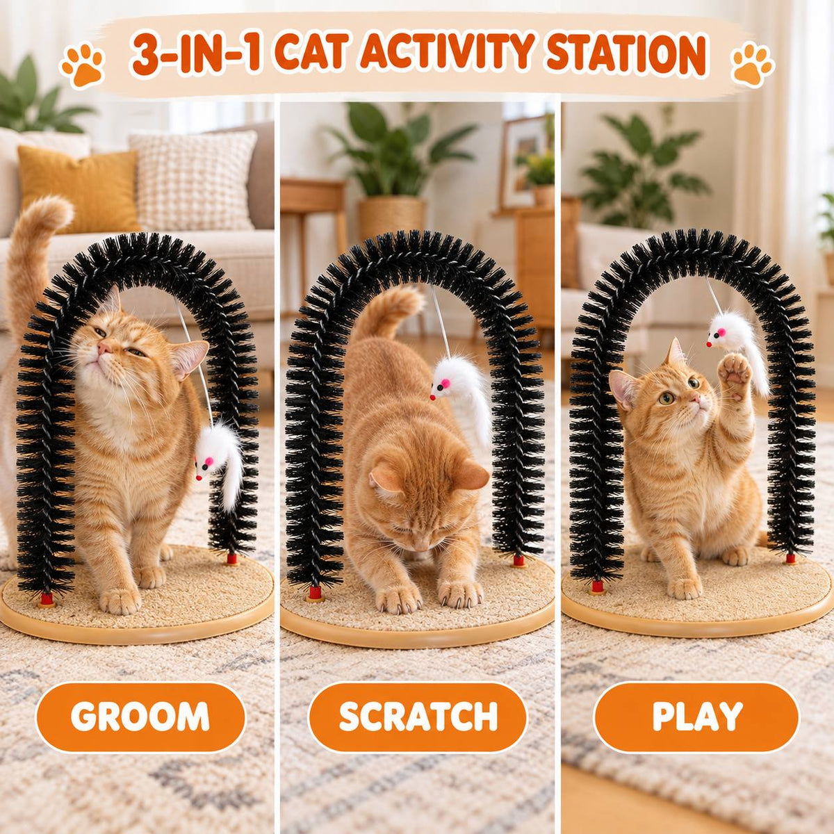 Cat Self Grooming Arch 3-in-1 Activity Station for Rubbing, Scratching and Play, Everyday Cat Enrichment Spot for Home Grooming Routines