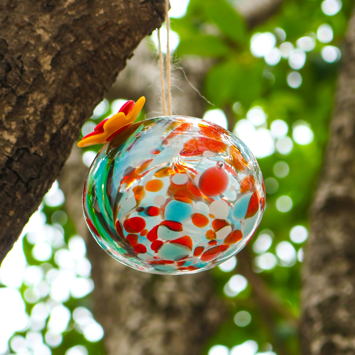 Hanging Glass Hummingbird Feeder with Flower Port, Colorful Round Nectar Ornament for Garden, Patio and Terrace Decor, Bird Lover Gift