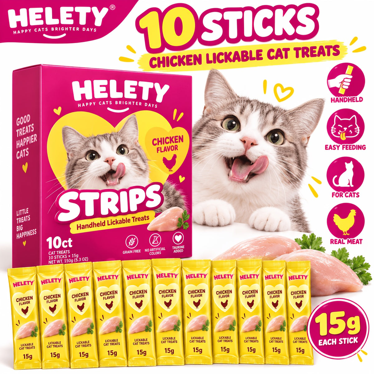 Creamy Lickable Cat Treats 15g, Squeeze Cat Snacks and Food Topper in Tuna, Salmon or Chicken, 10 Count Packs or 30 Count Chicken Option