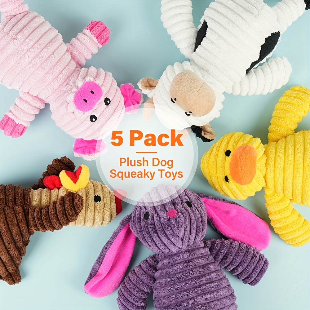 Plush Dog Toys 5 Pack with Squeakers, Soft Stuffed Animal Bundle with Embroidered Eyes for Supervised Fetch, Gentle Play and Pet Birthday Gifts