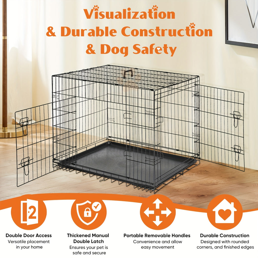 Folding Dog Crate 36 Inch with Divider and Removable Tray, Reinforced Metal Portable Pet Kennel for Indoor Use and Supervised Outdoor Setup