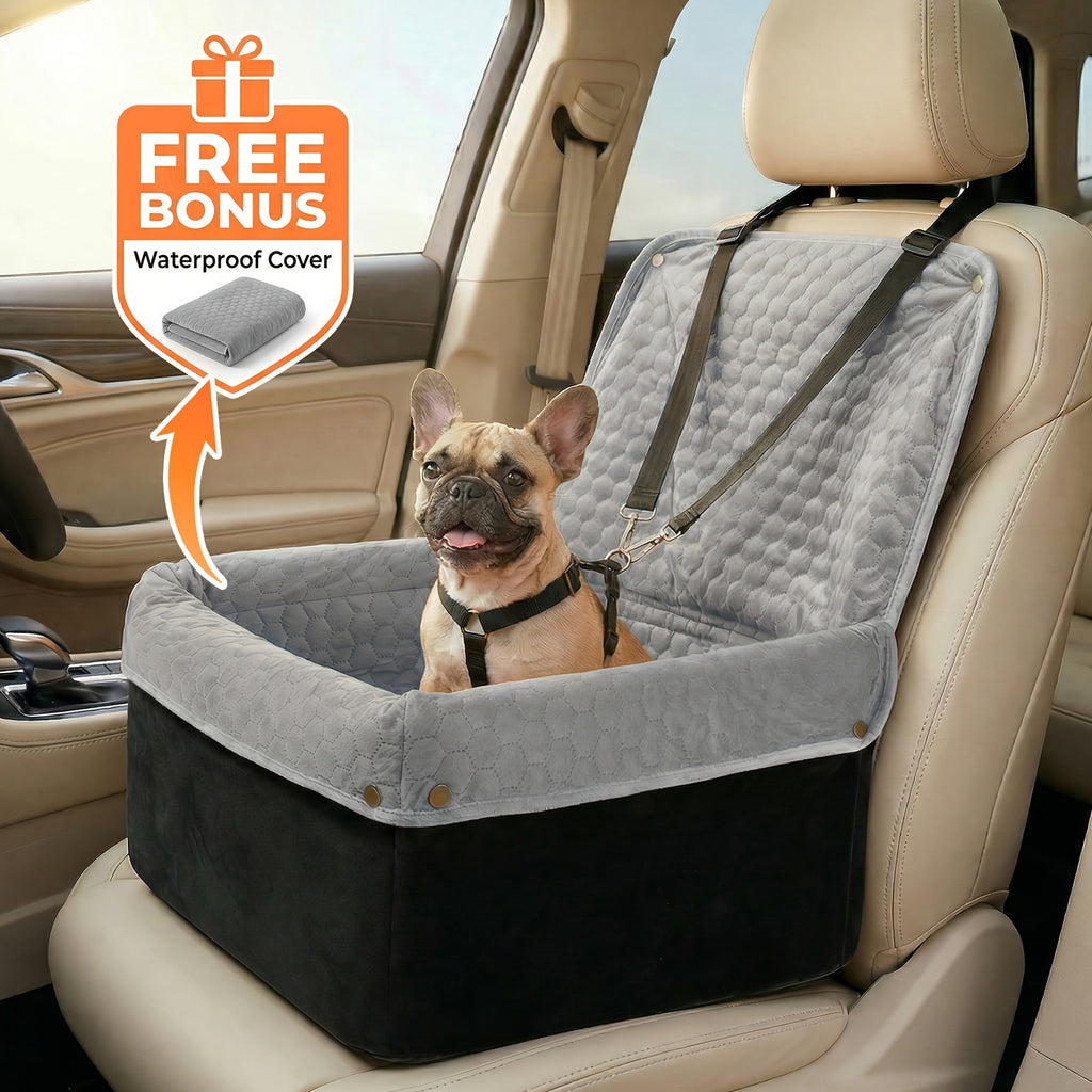 Memory Foam Dog Car Seat for Pets up to 35 lbs, Non-Slip Booster Travel Bed with Removable Waterproof Cover, Adjustable Straps and Storage Pocket