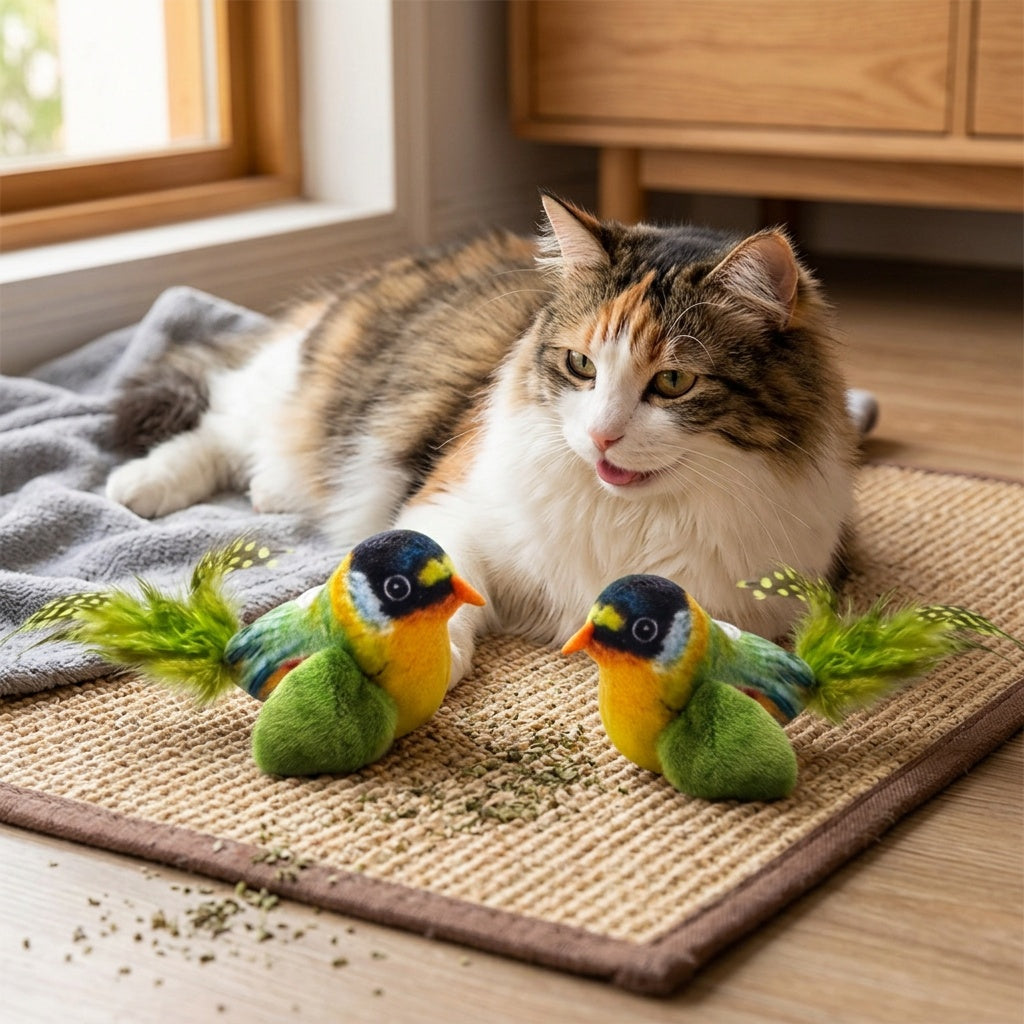 Plush Bird Cat Toys 2-Pack in Random Colors, Soft Interactive Bird-Shaped Toys for Supervised Indoor Cat Batting, Pouncing and Everyday Play