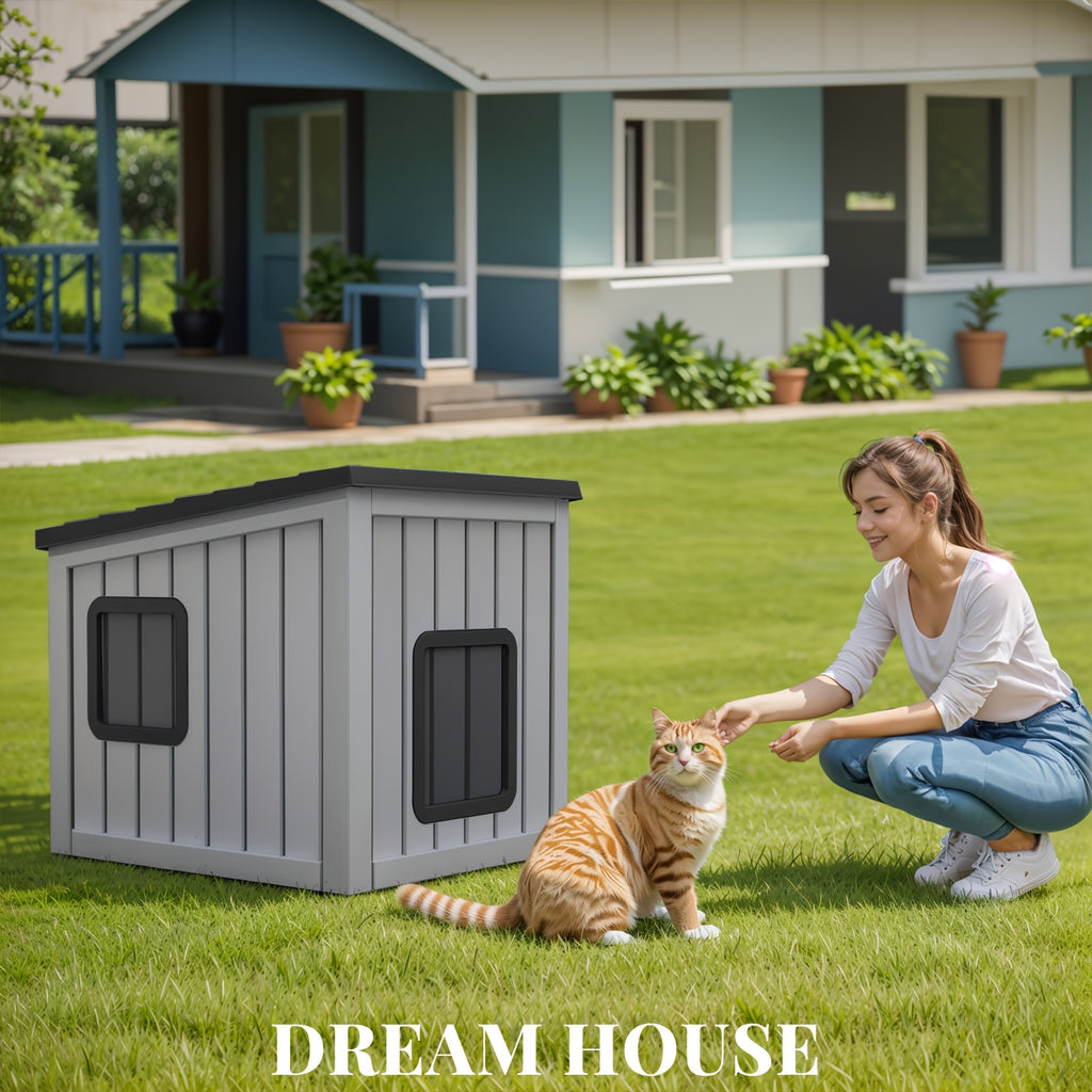 Roofed Outdoor Cat Shelter in Grey, Cozy Pet Resting House for Covered Porches and Secure Balconies, Dedicated Cat Hideaway for Everyday Rest