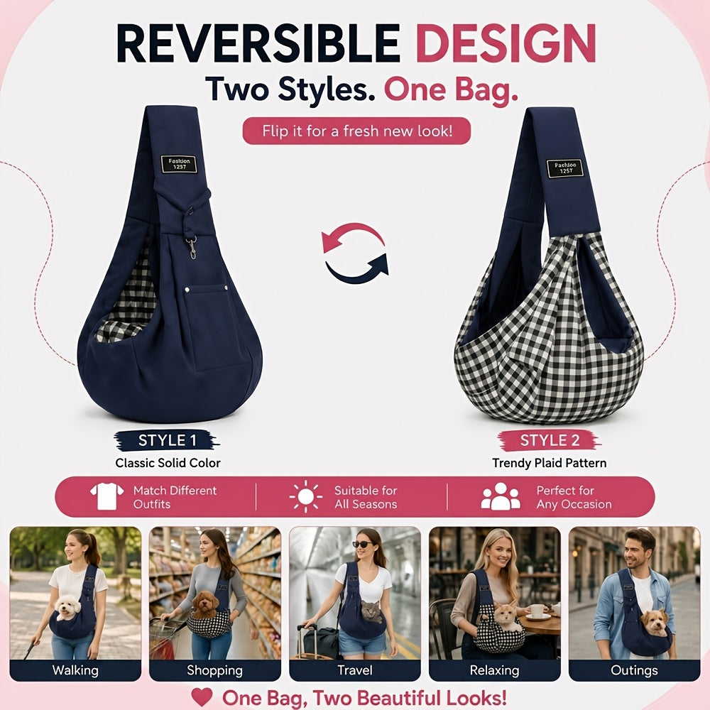 Reversible Dog Carrier Sling with Storage Pocket for 3-15 lb Small Dogs and Cats, Hands-Free Puppy Carrying Pouch in Pink or Blue for Outings