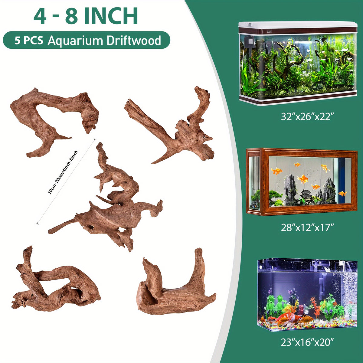 Small Aquarium Driftwood 5 Pack, 4-8 Inch Assorted Natural Wood Branches for Fish Tank Aquascaping, Reptile Terrarium Decor and Custom Habitat Layouts