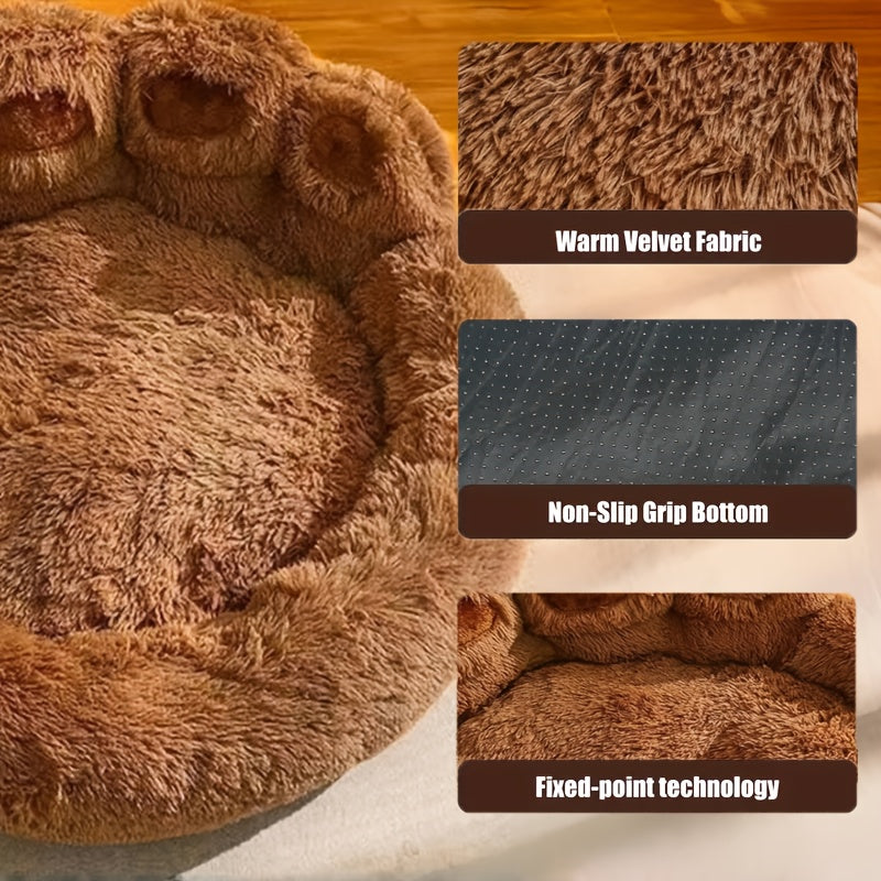 Plush Dog Bed with Bear Paw Shape, Soft Faux Fur Cat Sleeping Cushion with Non-Slip Bottom, Coffee Pink or Gray for Pets up to 30 lbs