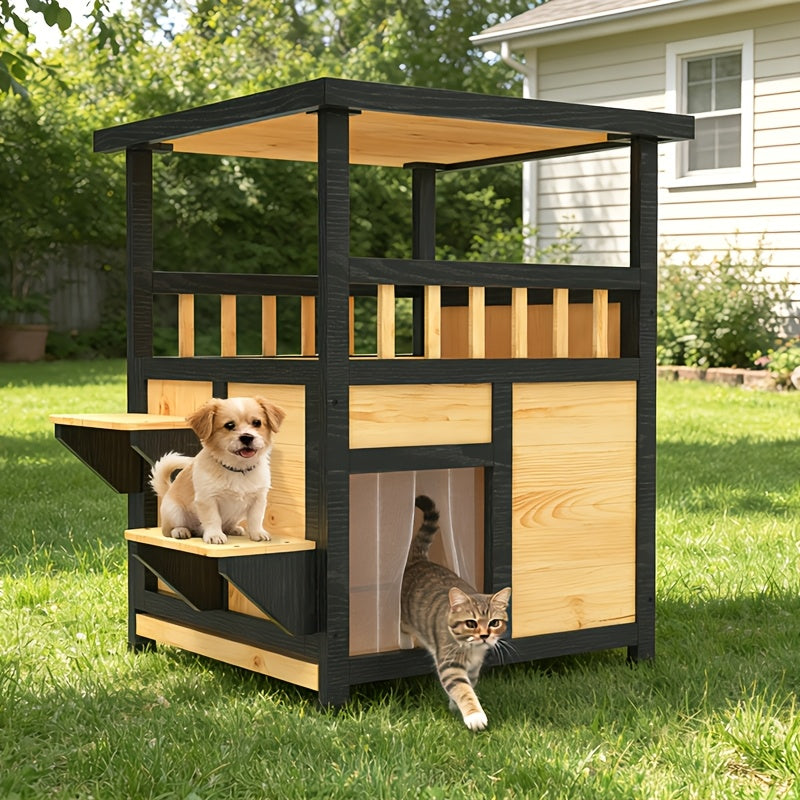 Two-Story Wooden Cat House in Yellow and Black, Indoor Pet Shelter and Apartment for Everyday Rest, Listed for Small and Medium Pets