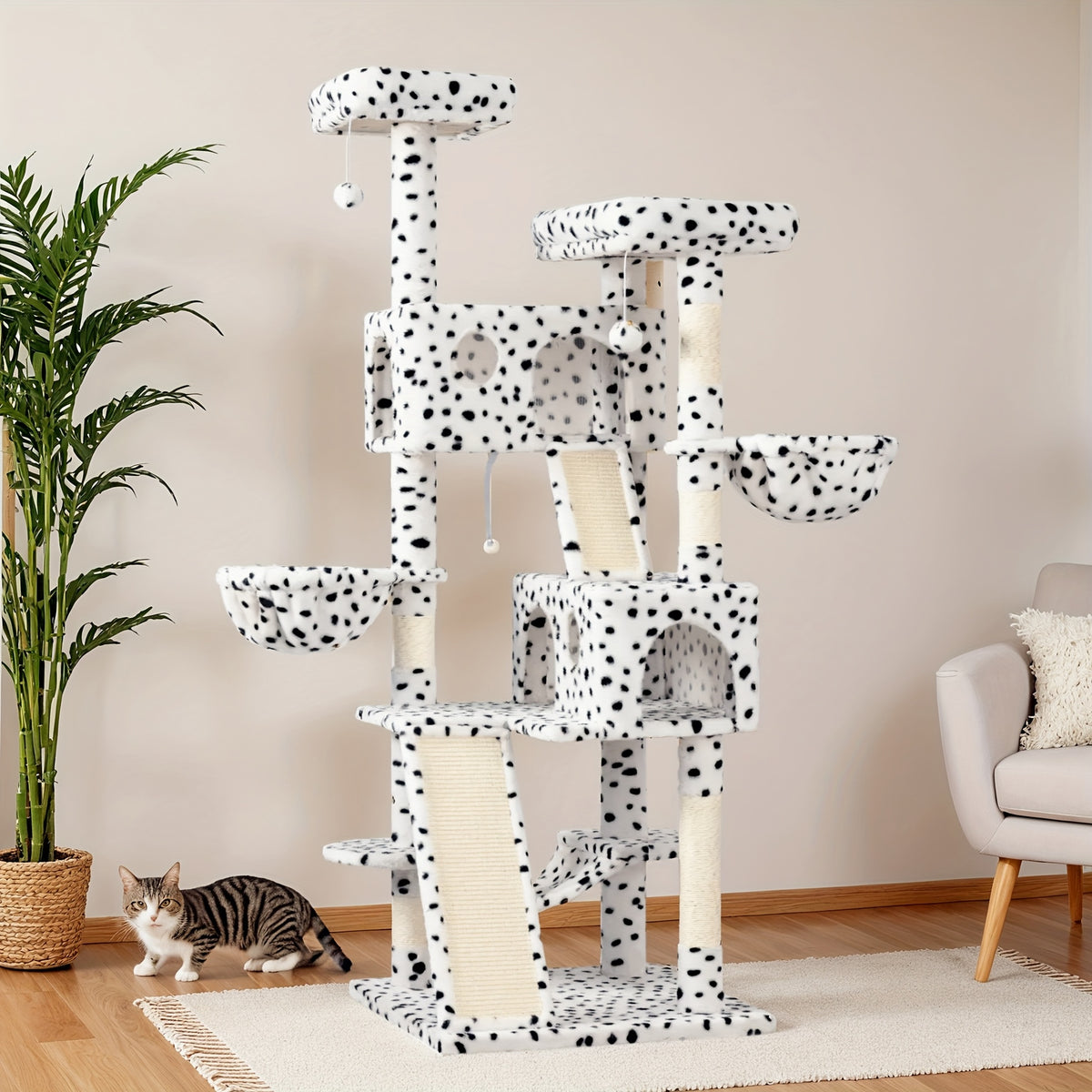 65 Inch Cat Tree Tower for Indoor Cats, Multi-Level Plush Cat Condo with Basket Beds, Hammock, Sisal Scratching Posts and Wide Base, Six Color Options