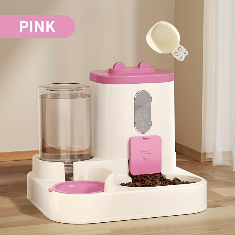 Gravity Cat Feeder and Waterer Combo with Visible Food Window, Dual-Bowl Pet Feeding Station and Siphon Water Refill, Grey, Cherry Pink or Golden