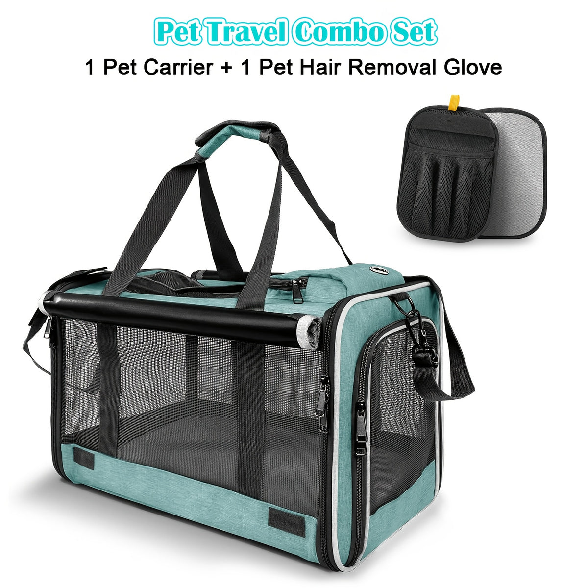 Cat Carrier Travel Set for Cats and Small Dogs, Soft-Sided Breathable Collapsible Pet Bag with Bowl, Collar or Pet Glove Bundle Options