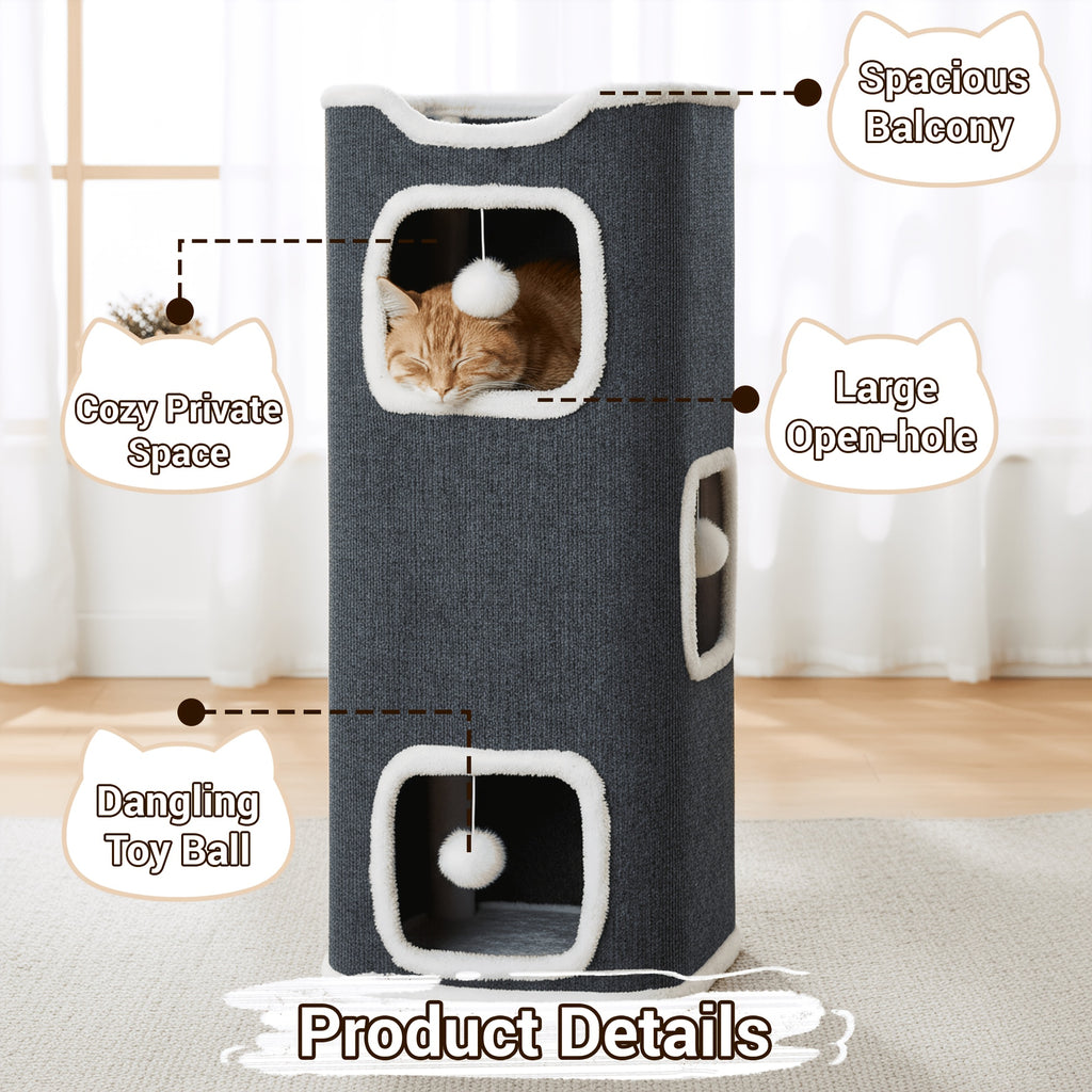 Cat Hideaway Tower with Felt Exterior and Particle Board Frame, Indoor Cat Condo Furniture in One, Three or Four Layers with Optional Bell Ball Bundles