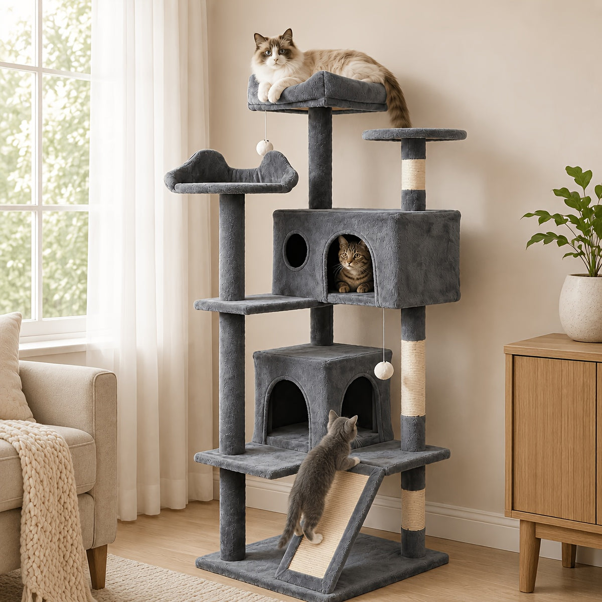 Cat Tree with Wide Base, 52.5 to 70 Inch Multi-Level Indoor Cat Tower with Plush Condo, Hammock and Sisal Scratching Posts for Climbing and Rest