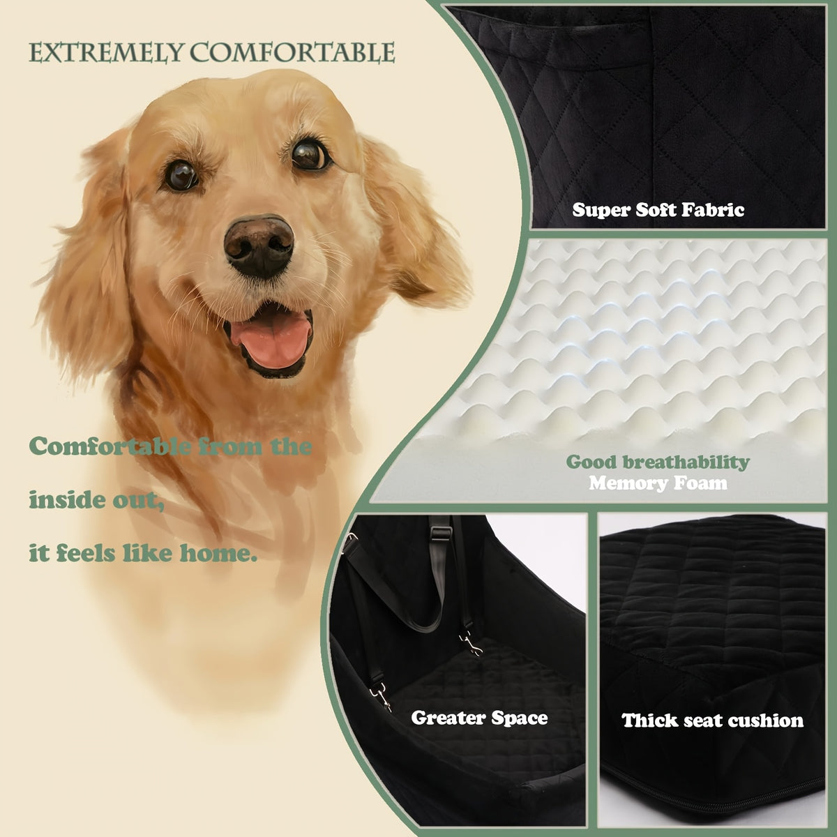 Dog Car Seat with Seat Belt Pass-Through, Memory Foam Pet Travel Bed with Removable Washable Design and Adjustable Straps in Medium and Large Options