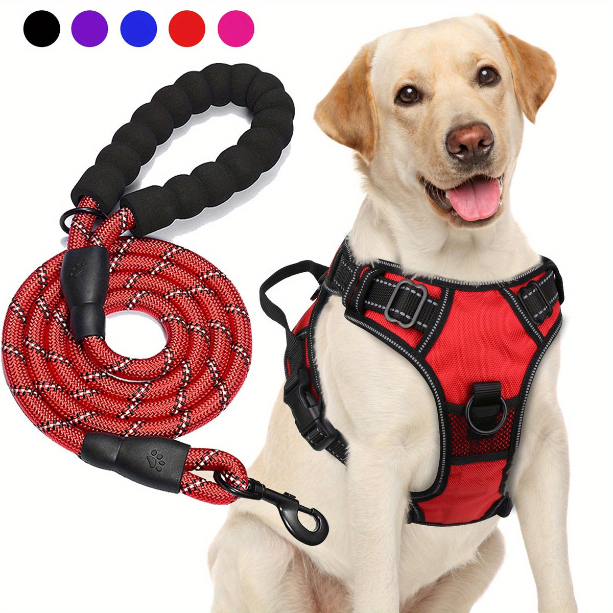 Oxford Dog Harness and Rope Leash Set, Adjustable Reflective Mesh-Padded Walking Vest with Four Fit Points and 5-Foot Padded-Handle Lead, S to XL