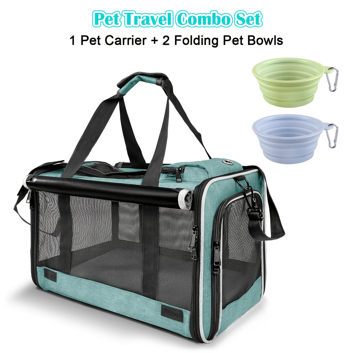 Cat Carrier Travel Set for Cats and Small Dogs, Soft-Sided Breathable Collapsible Pet Bag with Bowl, Collar or Pet Glove Bundle Options