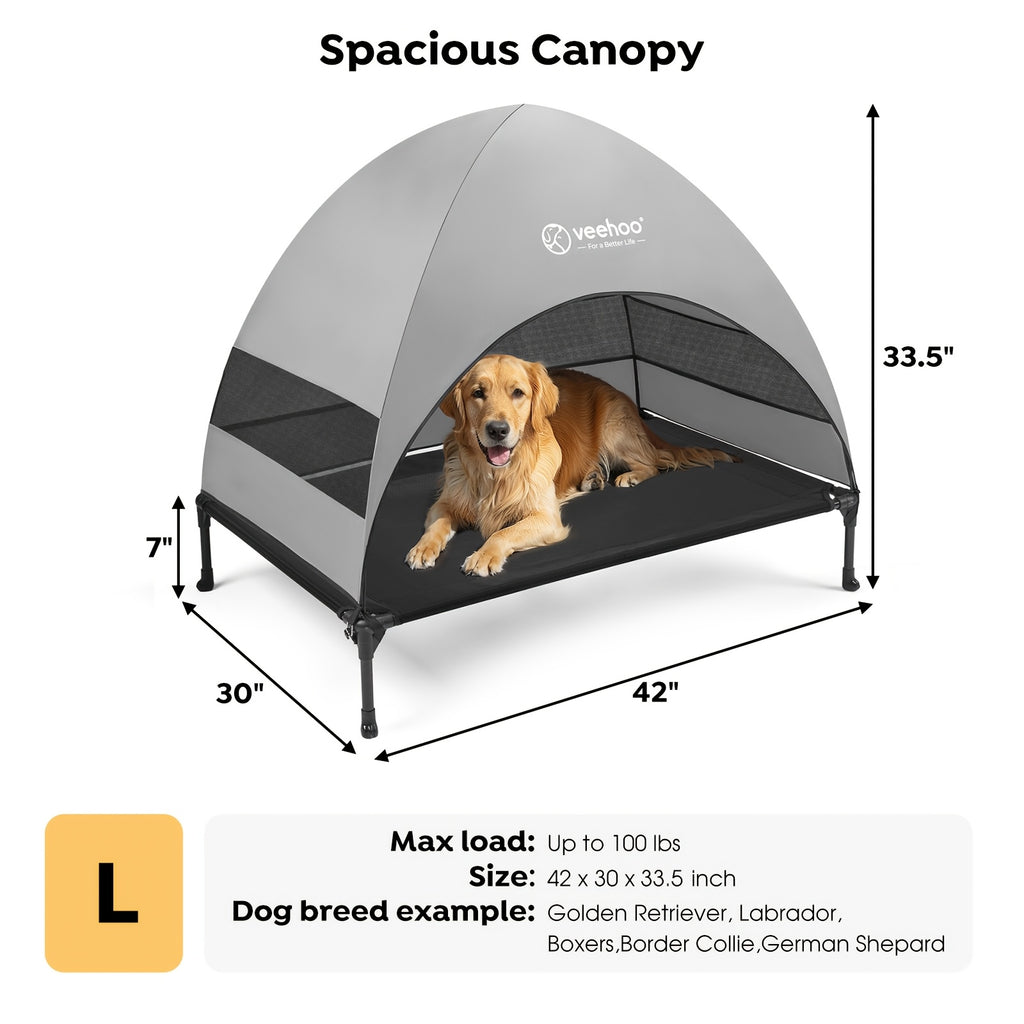 Elevated Canopy Dog Bed with Removable Shade and Non-Slip Feet, L and XL Raised Pet Cot for Large Dogs, Backyard Lounging, Camping and Beach Trips