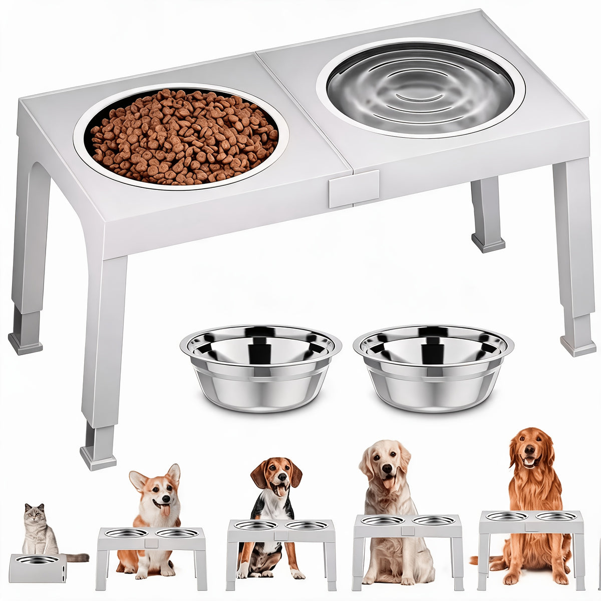 Foldable Elevated Dog Bowls with Height Adjustable Stand for Large Dogs, Raised Food and Water Feeding Station with Stainless Steel Bowl Options