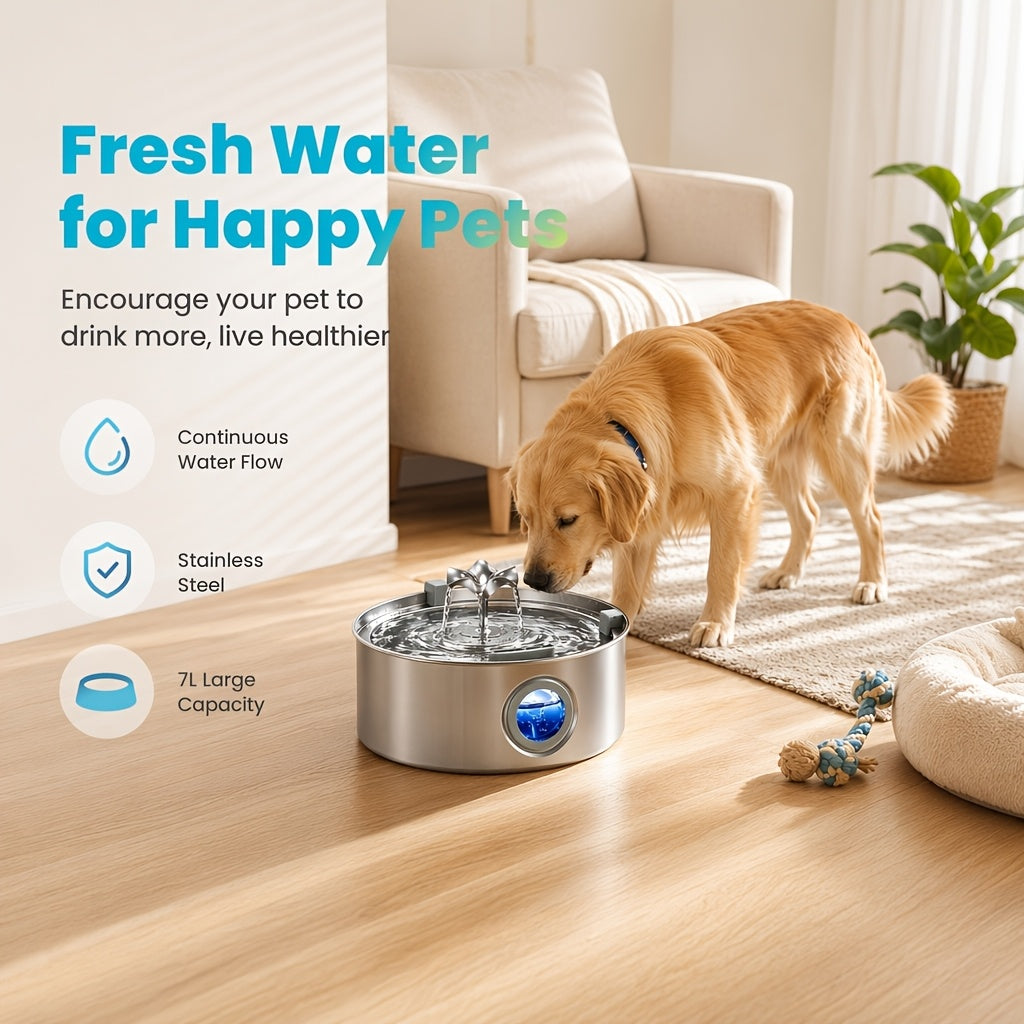 Dog Water Fountain 7L with Flower Head, 304 Stainless Steel Pet Drinking Dispenser with Water Level Window and Filter Bundle Options for Multi-Pet Homes