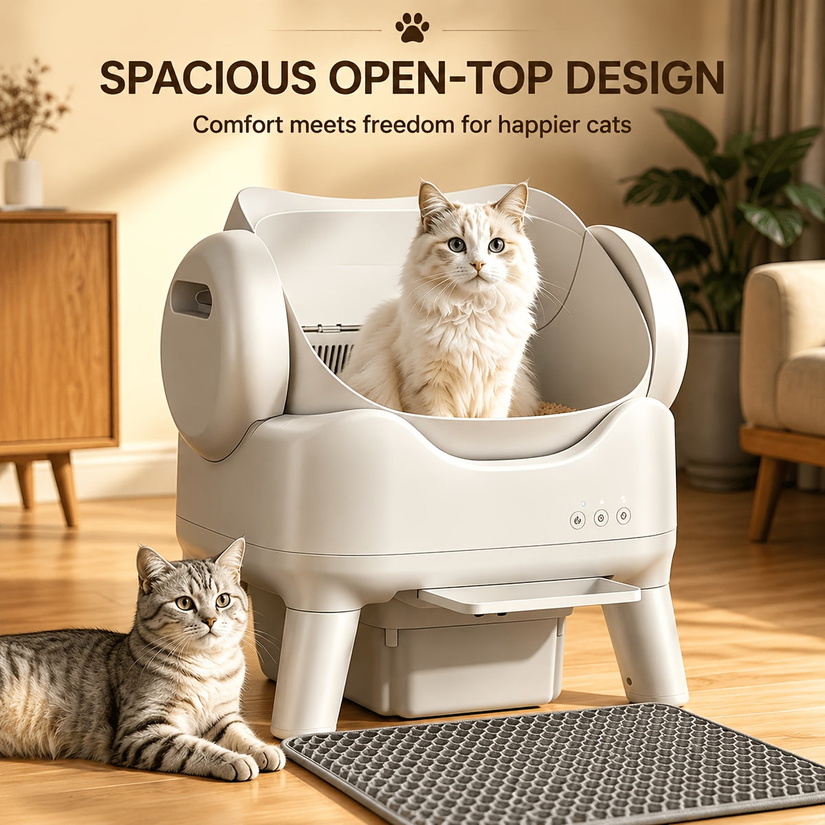 Self-Cleaning Cat Litter Box with Mat and 2 Bags, Large White Automatic Cat Toilet for Indoor Cat Care, Odor Control and Everyday Cleanup