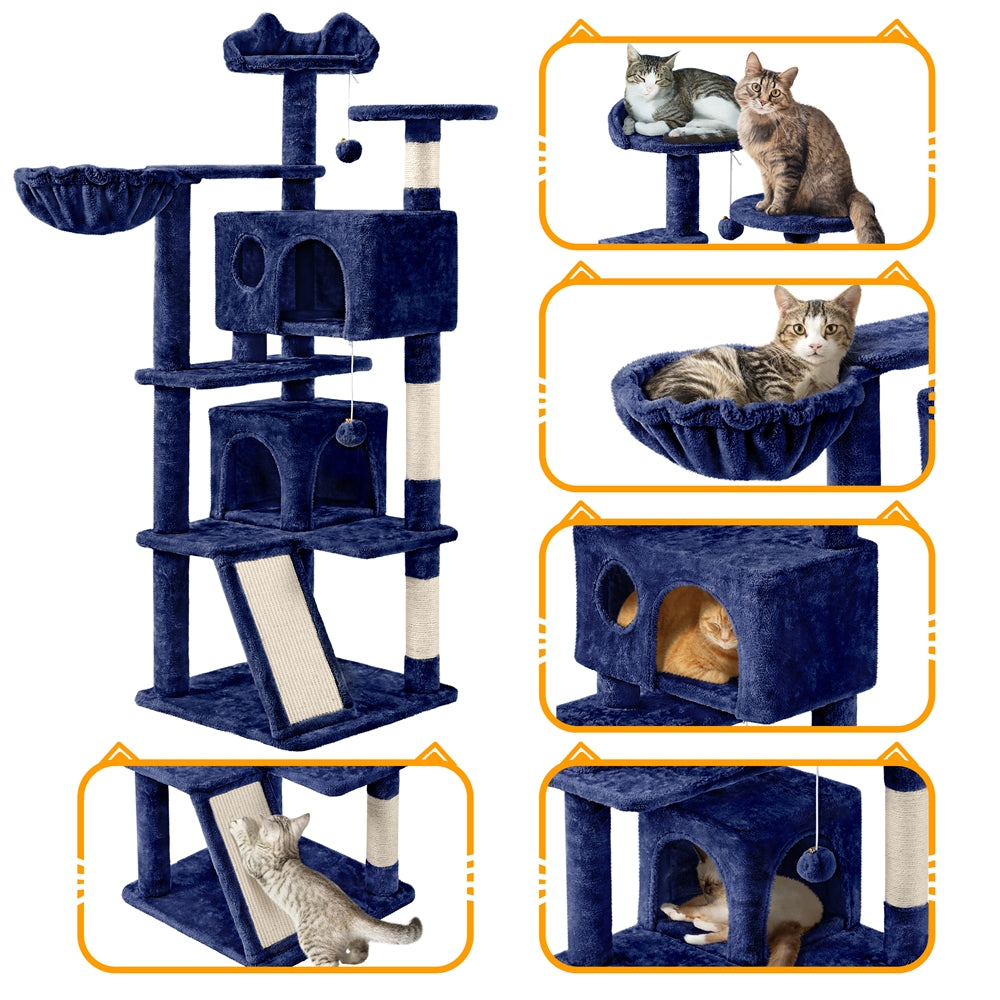 Cat Tree 57 Inch with Two Condos, Plush Multi-Level Indoor Kitten Tower with Round Platform, Ladder and Dangling Ball for Small Cats