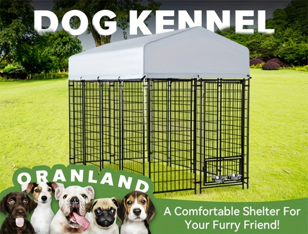 Welded Steel Outdoor Dog Kennel with Roof Cover and 2 Rotating Bowls, Secure-Lock Dog Pen in 47.5 or 70-Inch Lengths for Backyard Use