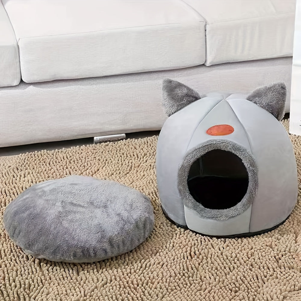 Cat Cave Bed with Cute Cat Ears for Indoor Cats and Kittens, Gray Enclosed Sleeping House with Rounded Entrance for Quiet Naps