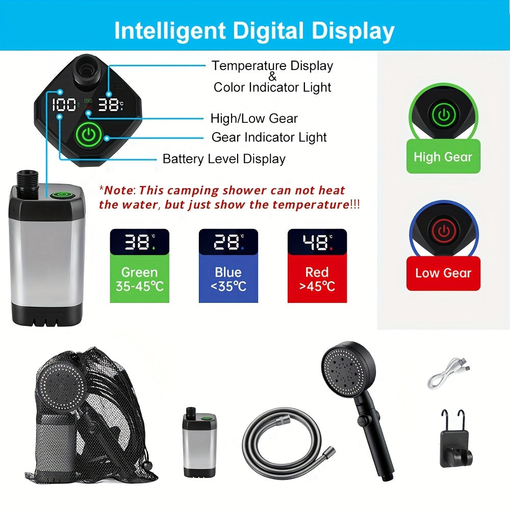 Portable Pet Shower with Temperature Display, 6000mAh Rechargeable Dog Bathing Set with Adjustable Spray and Detachable Shower Head for Home and Travel