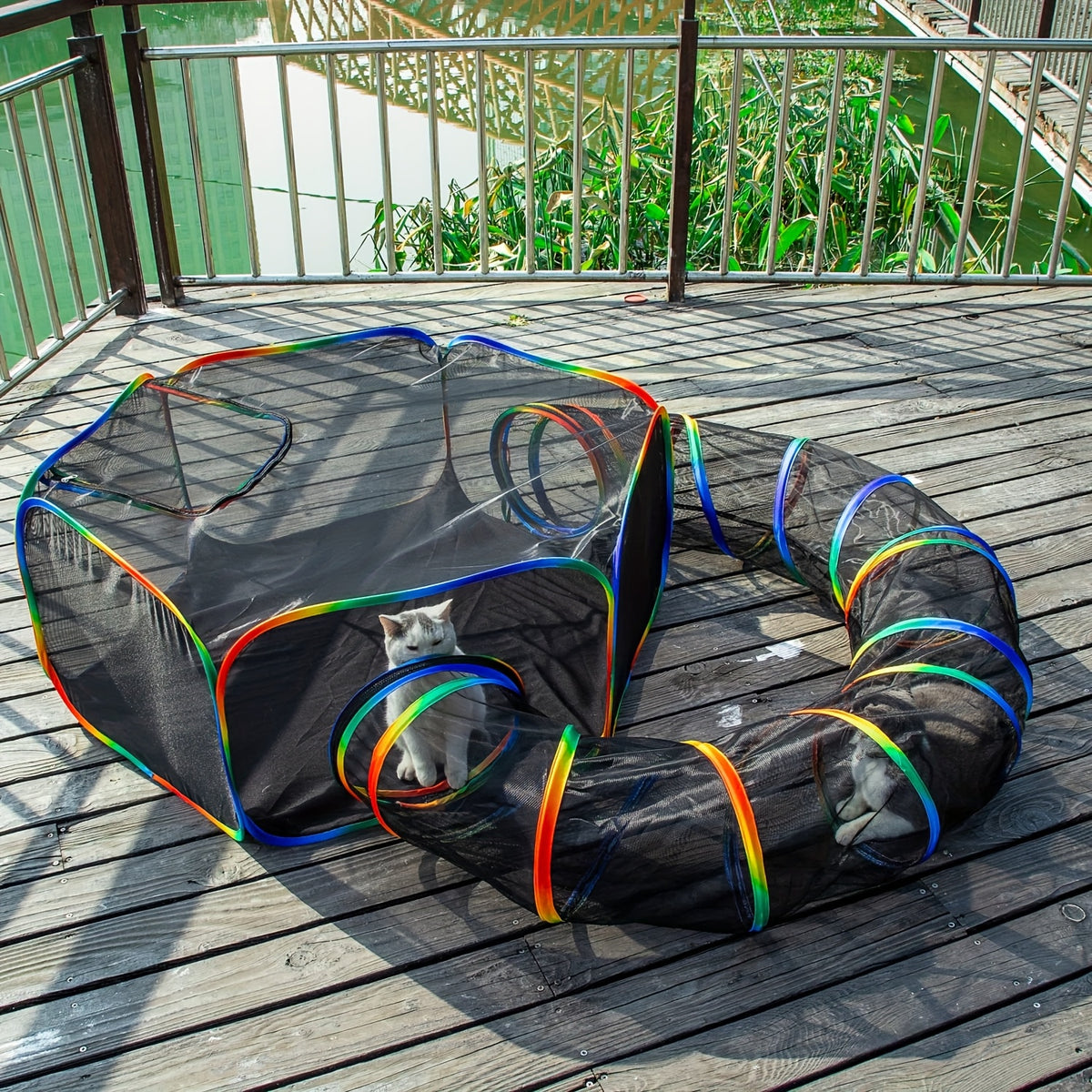 Cat Tent and Tunnel Set, Rainbow Portable Outdoor Cat Playpen with Circle Tunnel for Supervised Backyard Exploration and Everyday Play