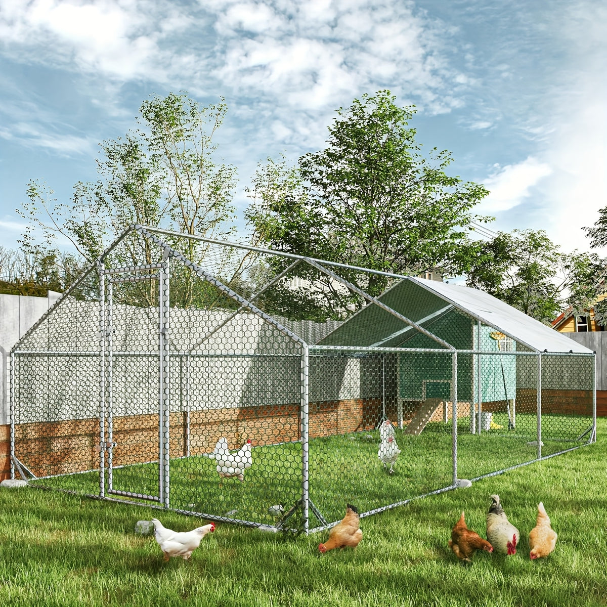 Chicken Run with UV Cover, Metal Walk-In Poultry Enclosure with Door for Backyard Hens, Outdoor Flock Care and Garden Setups, Three Size Options