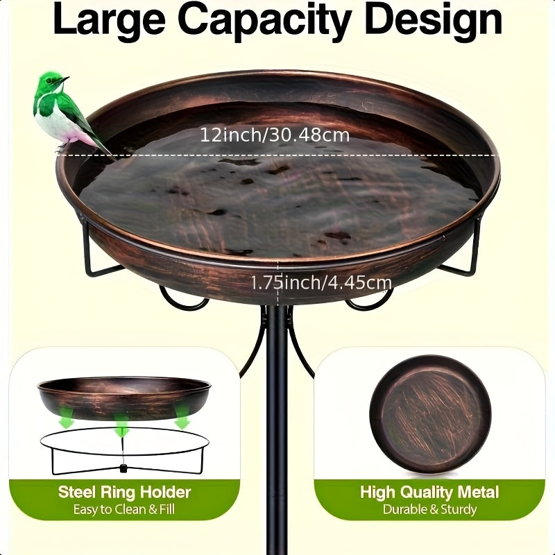 Bird Bath with Removable Metal Basin and Scrollwork Stand, Five-Prong Garden Stake for Outdoor Water or Seed, Single and Double-Layer Options
