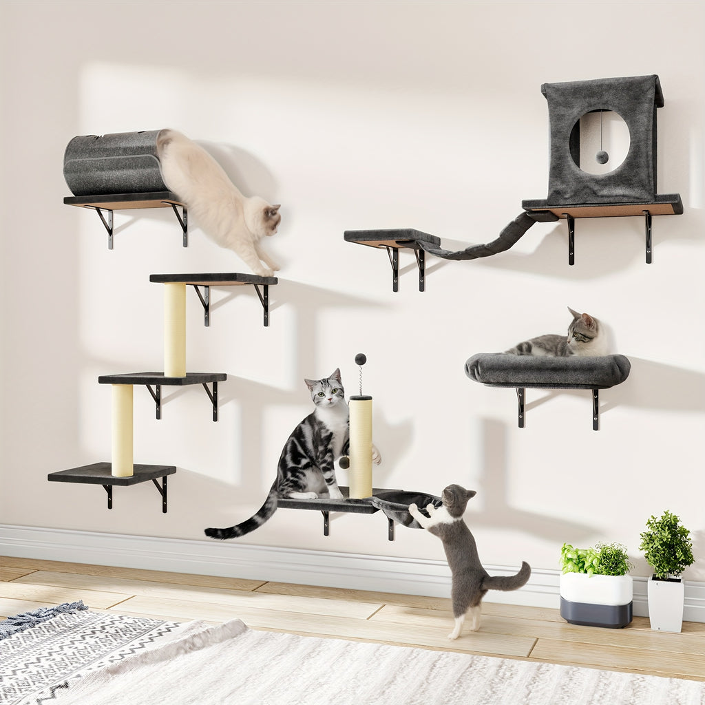 Cat Climbing Wall Shelves Set, Wall-Mounted Indoor Cat Furniture with Condo, Scratching Post, Bridge Ladder and Tunnel for Play and Rest