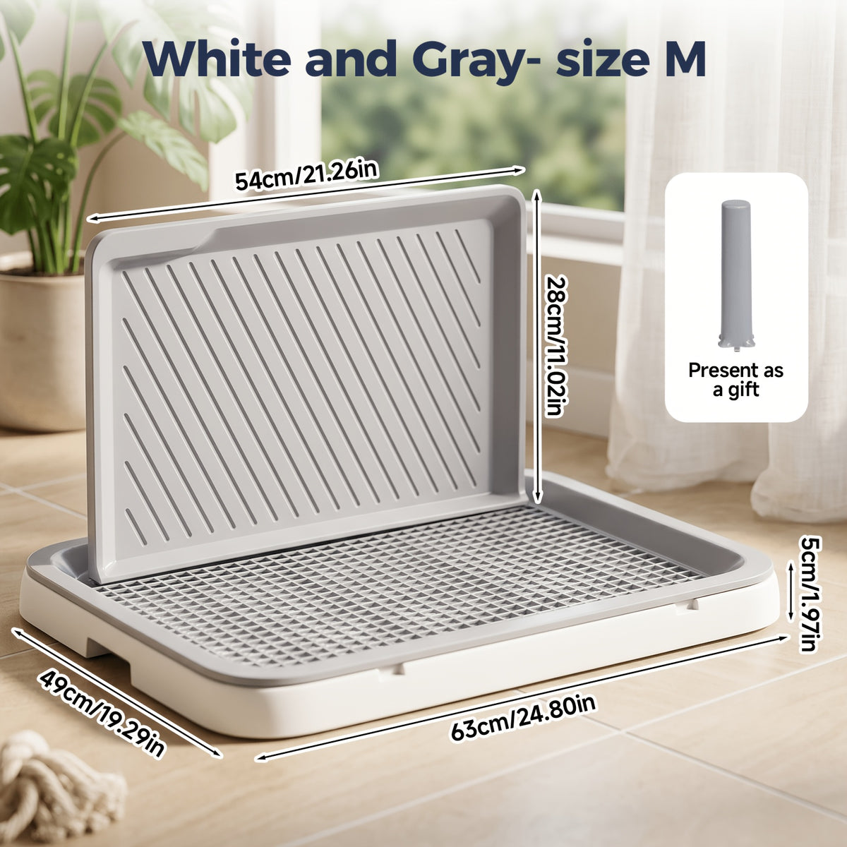 Dog Potty Tray with Splash Guard and Removable Grating, Indoor Puppy Training Toilet with Non-Slip Base in Blue-Gray or White and Gray