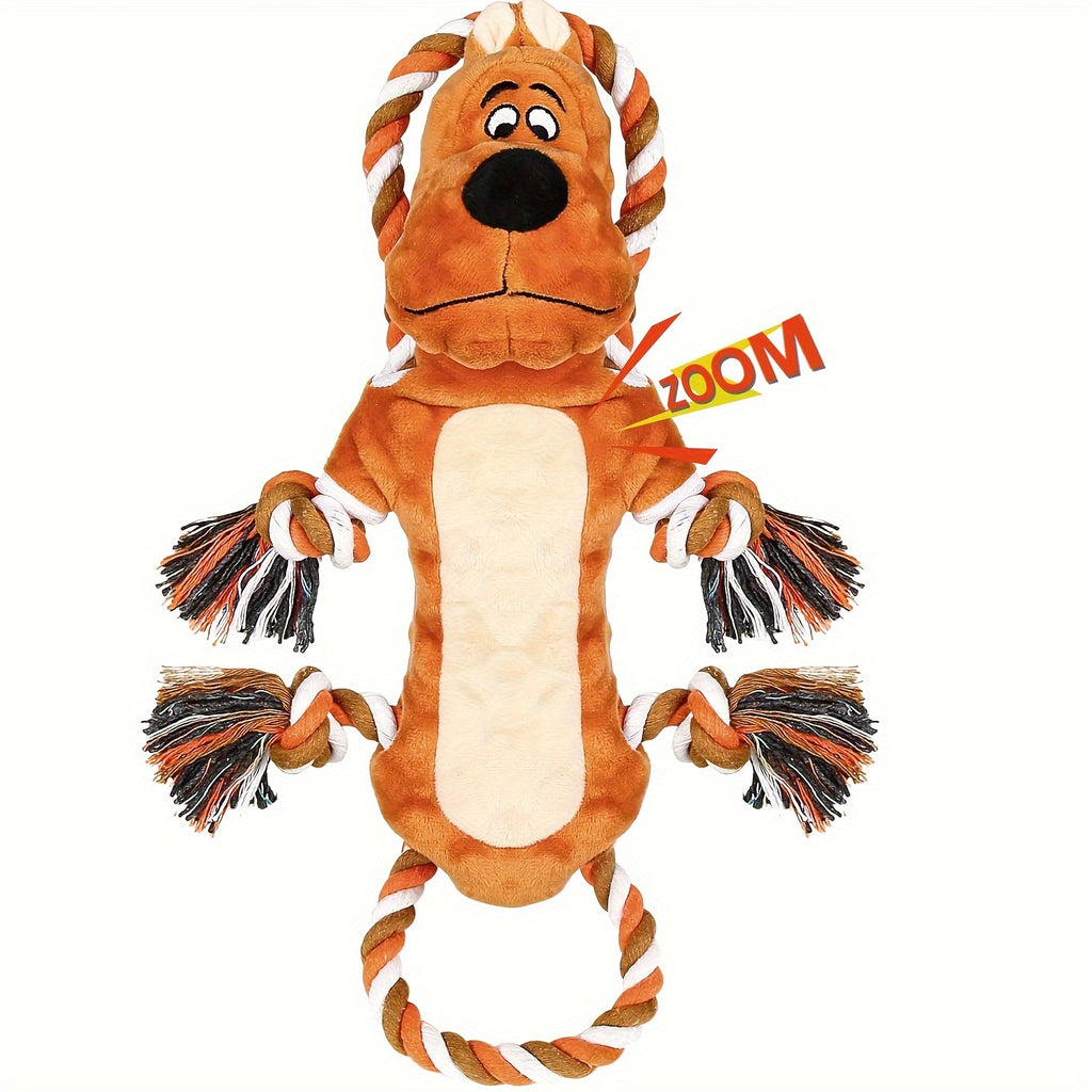 Squeaky Tug Dog Toy with Rope Loops and Plush Animal Body, Dog, Dinosaur or Lion Styles for Supervised Gentle Tug, Fetch and Indoor Play