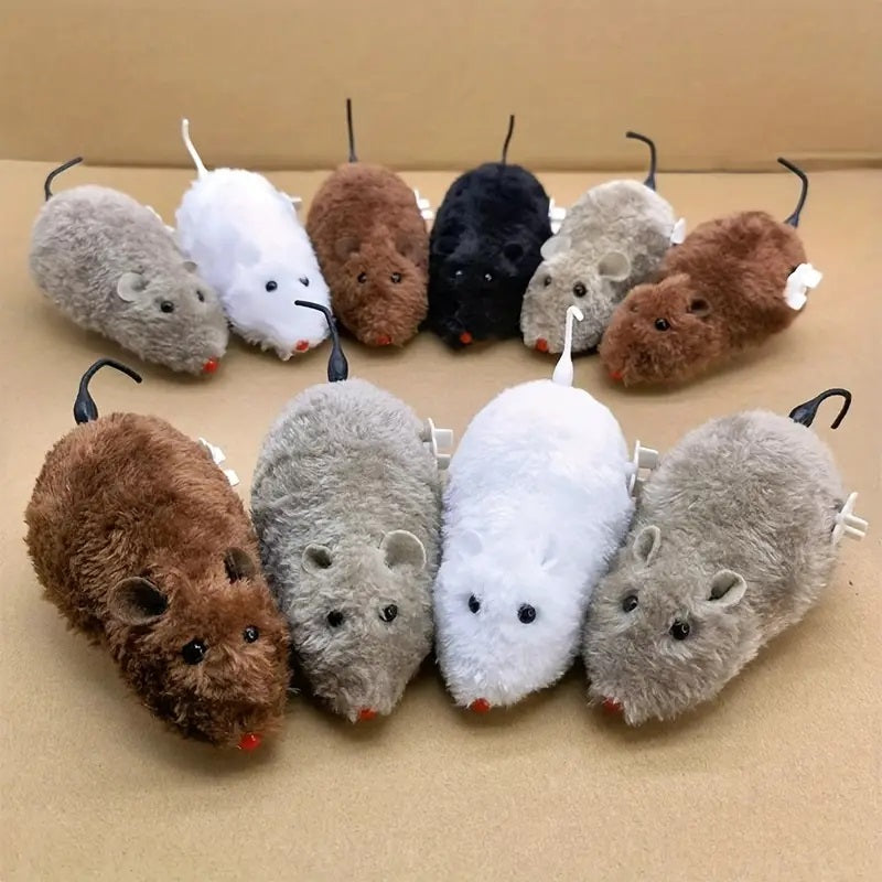 Wind-Up Mouse Cat Toy Set, Plush Clockwork Moving Mice for Supervised Indoor Chase Play, No Batteries Required, Gray Black White and Beige