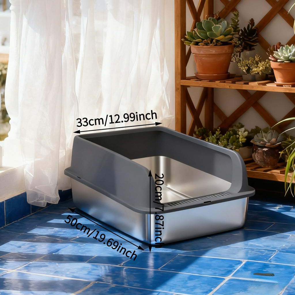High-Sided Stainless Steel Cat Litter Box with Snap-Lock Design, Easy-Clean Metal Litter Tray for Indoor Cats, Black and Gray Options