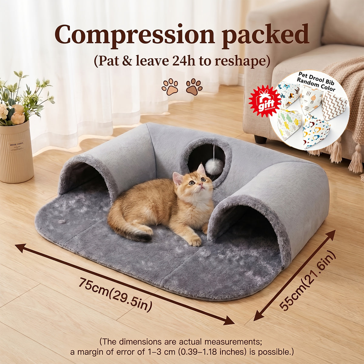 Detachable Cat Tunnel Bed with Plush Lounge and Hanging Pom-Pom Ball, S and M Indoor Cat Nest with Optional Glow-in-the-Dark Stars and Moon