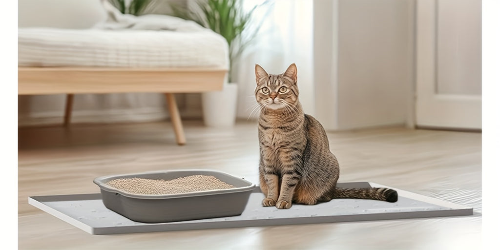 Silicone Cat Litter and Feeding Mat 34 x 22 Inches, 3-in-1 Washable Non-Slip Floor Protector with Raised Edges in Light Grey or Dark Gray