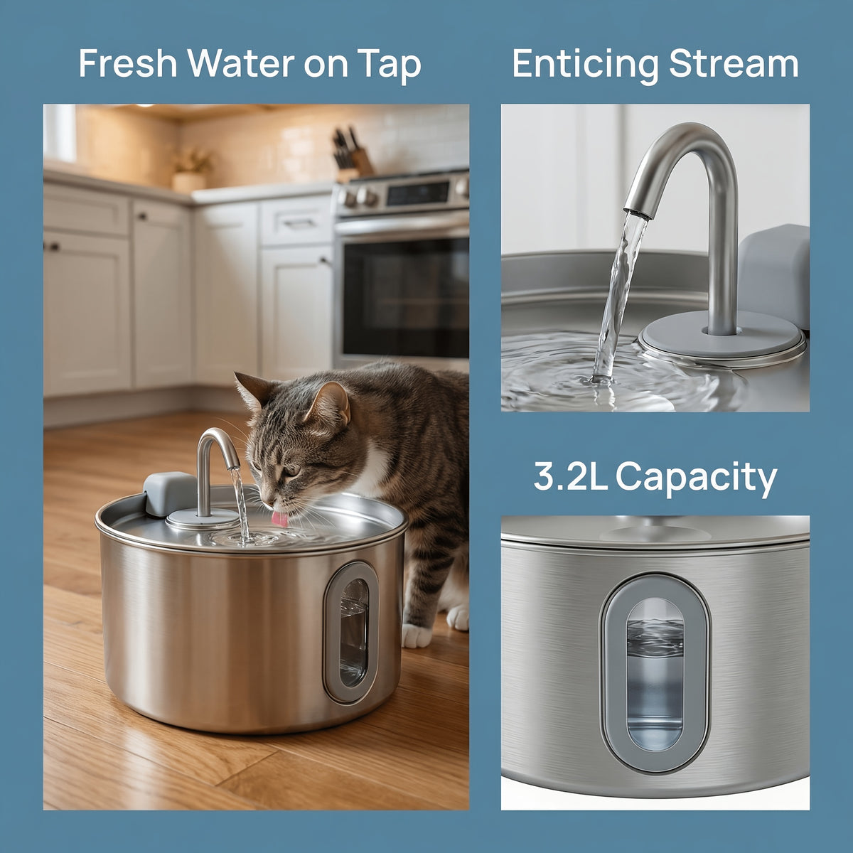Stainless Steel Pet Water Fountain 3.2L for Cats and Dogs, Quiet 5V Pump with 4-Stage Filtration, Easy-Clean Drinking Dispenser with Filter Bundle Options