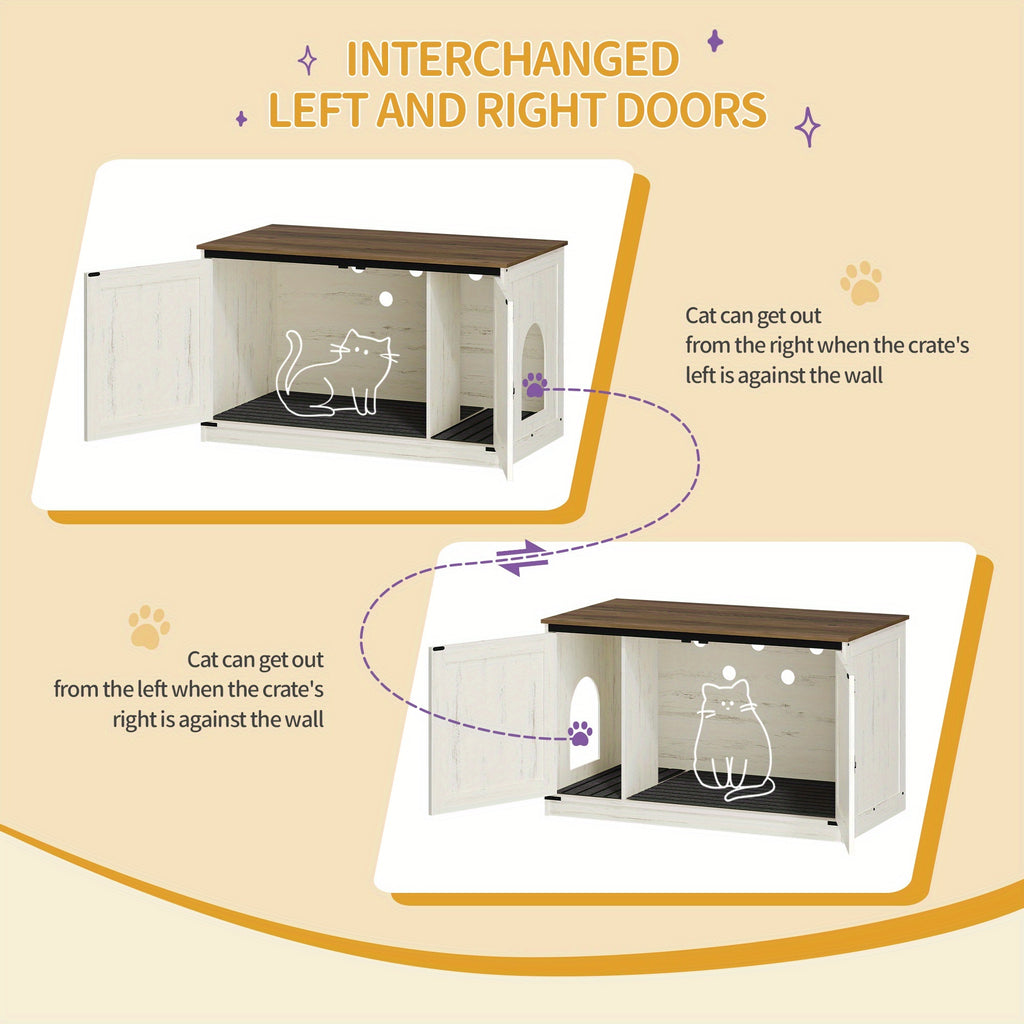 Hidden Litter Box Furniture with Barn Doors, Farmhouse Cat Cabinet with Reversible Entrance, Removable Divider and Ventilation Holes
