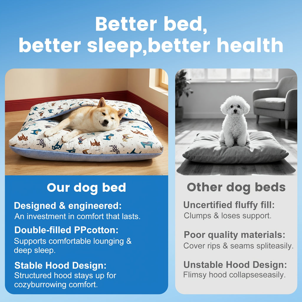 Hooded Dog Bed with Removable Washable Cover, Plush Sleeping Bag Pet Sofa for Dogs and Cats, Cozy Thickened Cushion in S to XL Sizes