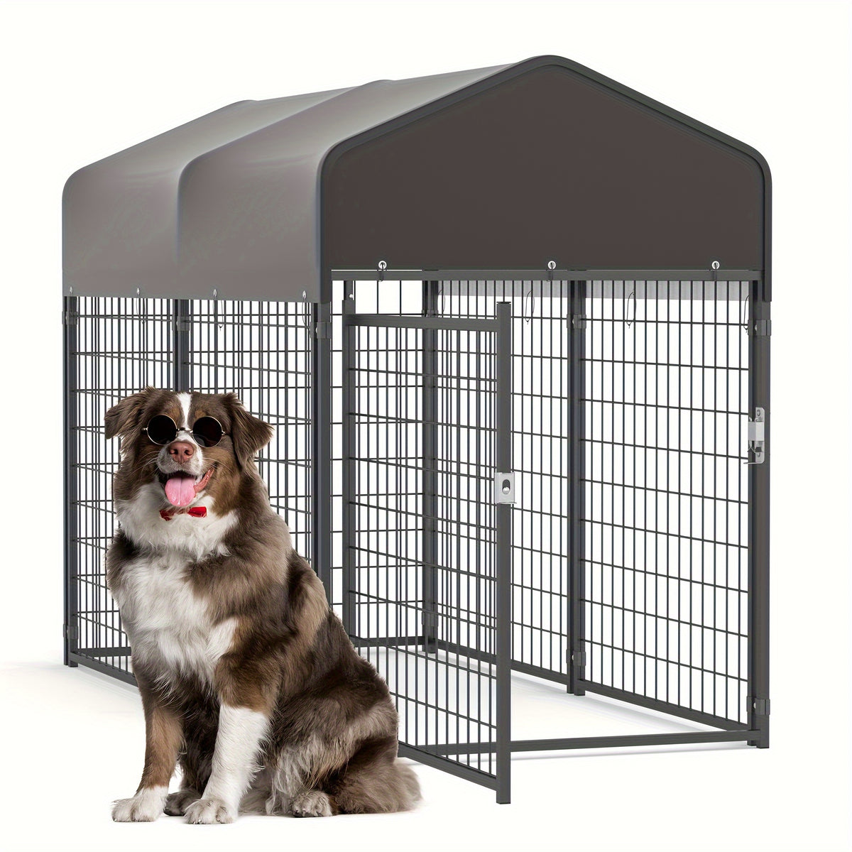 Outdoor Dog Run Enclosure with Roof Cover, Heavy-Duty Steel Mesh Kennel with Lockable Door and Ground Pegs, Four Size Options for Backyard and Farm
