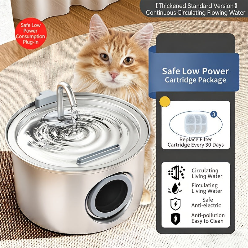 Dog Water Fountain 74oz 2.2L, Quiet 304 Stainless Steel Pet Drinking Dispenser with Large Water Level Window, Easy-Clean Design and Filter Bundle Options