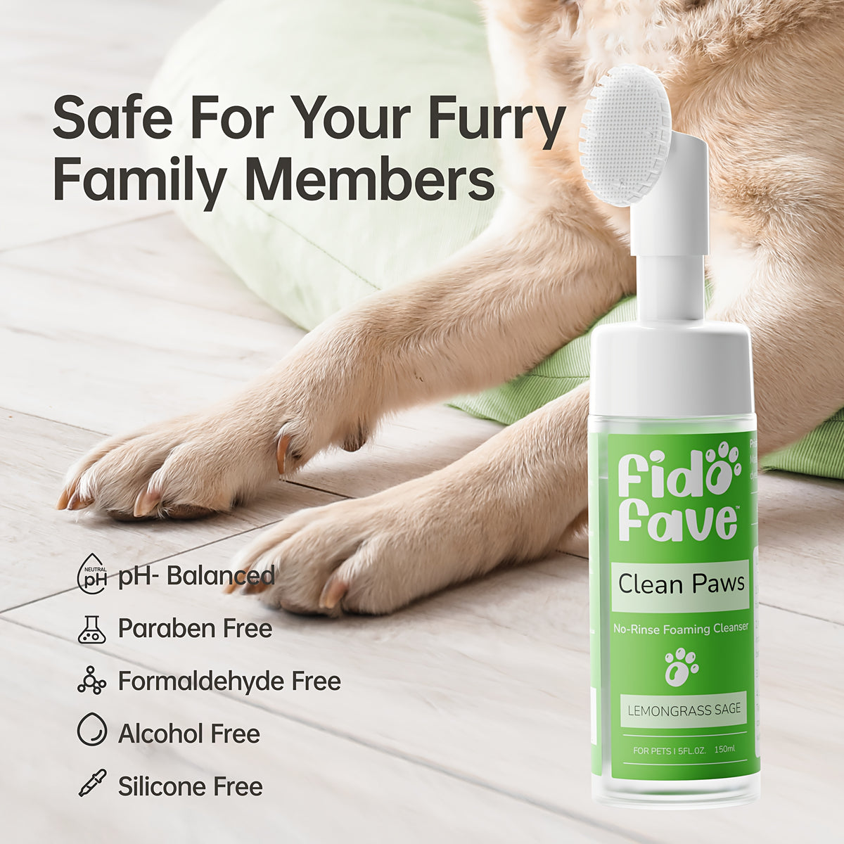 No-Rinse Paw Cleaner for Dogs and Cats, 5oz Paw Wash with Soft Brush, Lavender Chamomile, Lemongrass Sage or Fragrance-Free Options for Daily Grooming