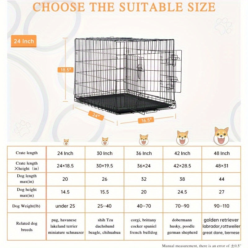 Foldable Dog Crate with Divider Panel, Metal Wire Pet Kennel with Plastic Pan in 18, 24, 30 or 36 Inch Length Options, Black, Blue and Pink Styles