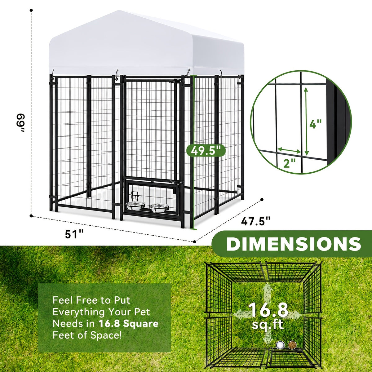 Dog Kennel with Silver Canopy and 2 Rotating Bowls, Welded Steel Outdoor Dog Pen with Lockable Gate, 51-Inch Width and Three Length Options